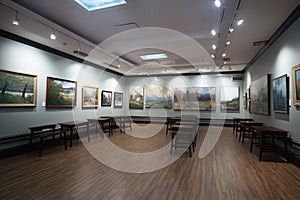 minimalist art gallery, with a variety of paintings on display