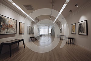 minimalist art gallery, with a variety of paintings on display