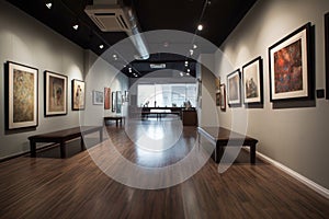 minimalist art gallery, with a variety of paintings on display