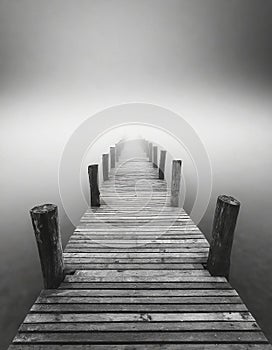 Minimalist artistic image of a jetty disappearing into the fog.