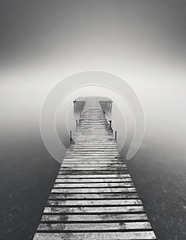 Minimalist artistic image of a jetty disappearing into the fog.