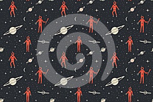 Minimalist Astronauts in Red Spacesuits with Planets on Dark Background