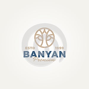 Minimalist banyan tree line art icon logo badge template vector illustration design. simple minimalist environment, nature, photo