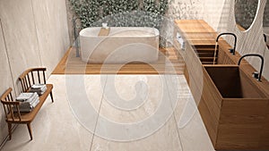 Minimalist bathroom in beige tones, japanese zen style, exterior eco garden with ivy, limestone walls and wooden floor. Bathtub