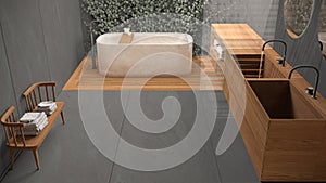 Minimalist bathroom in gray tones, japanese zen style, exterior eco garden with ivy, concrete walls and wooden floor. Bathtub and