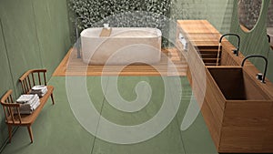 Minimalist bathroom in green tones, japanese zen style, exterior eco garden with ivy, concrete walls and wooden floor. Bathtub and