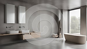 minimalist bathroom interior, concrete floor and gray and beige walls, bathroom cabinet, bathtub