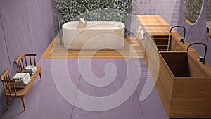 Minimalist bathroom in purple tones, japanese zen style, exterior eco garden with ivy, concrete walls and wooden floor. Bathtub