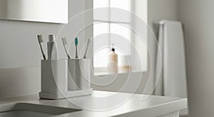 Clean Modern Bathroom Counter with Oral Hygiene Essentials