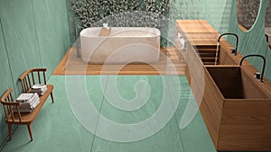 Minimalist bathroom in turquoise tones, japanese zen style, exterior eco garden with ivy, concrete walls and wooden floor. Bathtub