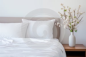 A minimalist bedroom accented by a bed with crisp white linens and a small vase of fresh flowers