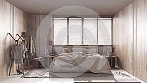 Minimalist bedroom with dark wooden walls in beige tones. Double bed with pillows, big window with venetian blinds, carpets and