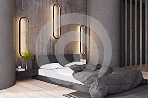 Minimalist bedroom with elegant vertical lights and concrete texture. Design and tranquility concept.