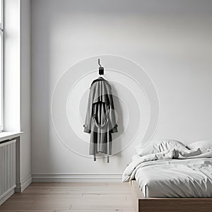 Minimalist Bedroom with Hanging Coat and Bed