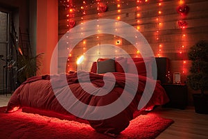 Minimalist bedroom interior design with big red bed and garland with lights on the wall on Valentine\'s Day