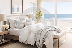 Minimalist bedroom interior with ocean sea view. Modern coastal interior. Summer, travel, vacation, dreams holiday