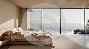 Minimalist bedroom interior with ocean sea view. Modern coastal interior. Summer, travel, vacation, dreams holiday