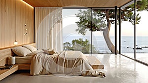 Minimalist bedroom interior with ocean sea view. Modern coastal interior. Summer, travel, vacation, dreams holiday