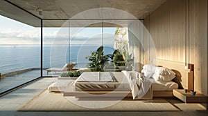 Minimalist bedroom interior with ocean sea view. Modern coastal interior. Summer, travel, vacation, dreams holiday photo