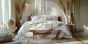 Minimalist bedroom with a large bed, wooden headboard near built in wardrobe, floor-to-ceiling windows.