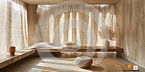 Minimalist bedroom with a large bed, wooden headboard near built in wardrobe, floor-to-ceiling windows.