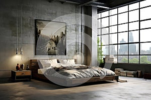 Minimalist Bedroom With Metal Bed Frame And Industrialinspired Artwork Industrial Interior Design. Generative AI photo