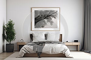 Minimalist bedroom with mockup poster frame on white wall