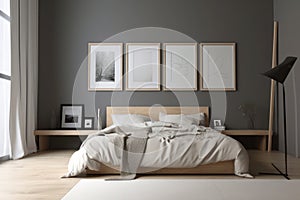 Minimalist bedroom with mockup poster frame on white wall