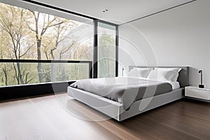 minimalist bedroom, with sleek bed and nightstands, and open windows offering natural light