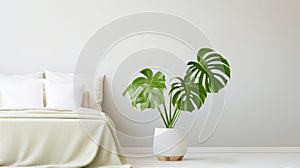 A minimalist bedroom with a striking monstera deliciosa plant in a sleek white planter