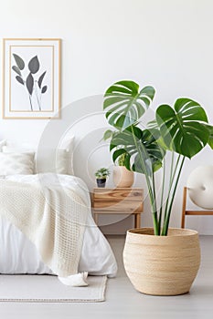 A minimalist bedroom with a striking monstera deliciosa plant in a sleek white planter