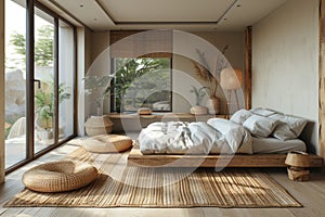 Minimalist bedroom with subdued colors and minimalist aesthetics. AI generated. photo