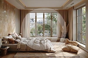 Minimalist bedroom with subdued colors and minimalist aesthetics. AI generated. photo