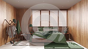 Minimalist bedroom with wooden walls in beige and green tones. Double bed with pillows, big window with venetian blinds, carpets