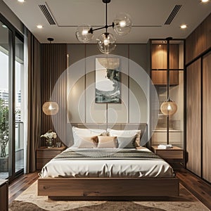 Minimalist bedroom wooden wardrobe with glass sliding doors exuding modernity and sophistication photo