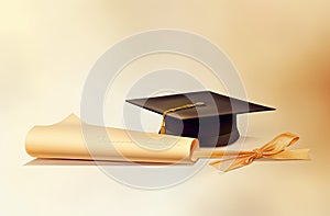 Minimalist Beige Background with Gold Graduation Cap and Diploma