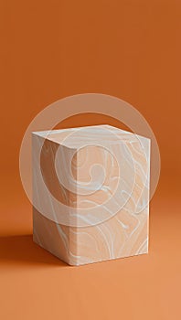 Minimalist beige cube pedestal on a warm orange gradient background for product display