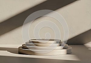 Minimalist Beige Podium with Dramatic Shadow and Textured Wall, Product Display