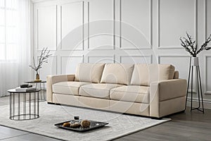 Minimalist beige sofa in living room