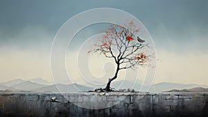 Minimalist Bird-inspired Oil Painting With Lone Tree Focal Point