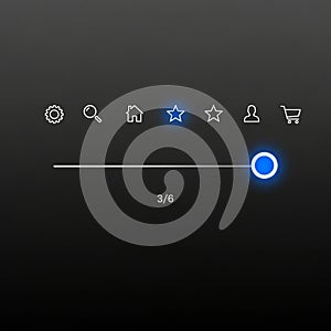 A minimalist black interface features icons for settings, search, home, and user,