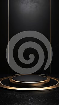 A minimalist black stage with a circular golden platform under a spotlight, giving a sense of a premium event or product