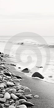 Minimalist Black And White Aerial Photography Of Rocky Beach And Ocean