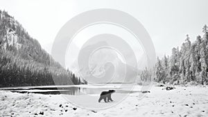 Minimalist Black And White Bear Walking Across Snowy Mountains