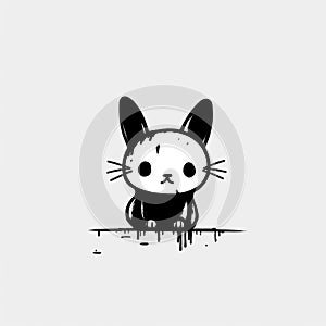 Minimalist Black And White Cartoon Of A Cute Bunny Creature On A Wall photo