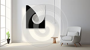 Minimalist Black And White Curved Painting On White Frame