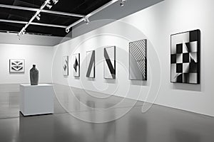 Minimalist Black & White Exhibition: Captivating Modern Art Display photo