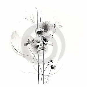 Minimalist Black And White Floral Art Delicate Ink Wash Paintings