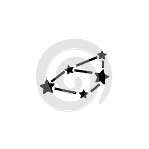 A minimalist black and white icon depicting a stylized star constellation, representing the night sky, astrology, and