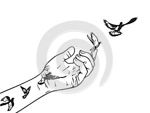 A minimalist black and white illustration depicting a hand releasing birds into the sky